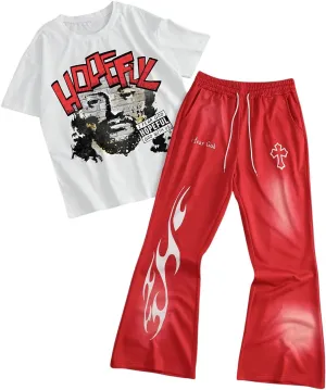 Men's 2 Piece Outfits Short Sleeve Letter Graphic Tees and Drawstring Flared Sweatpants Tracksuits Set