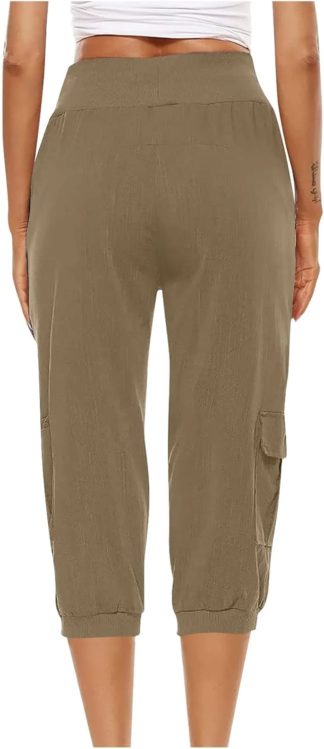 MINzYI Linen Pants for Women High Waisted Wide Leg Capris Summer Casual Button Elastic Waist Cropped Trousers with Pockets