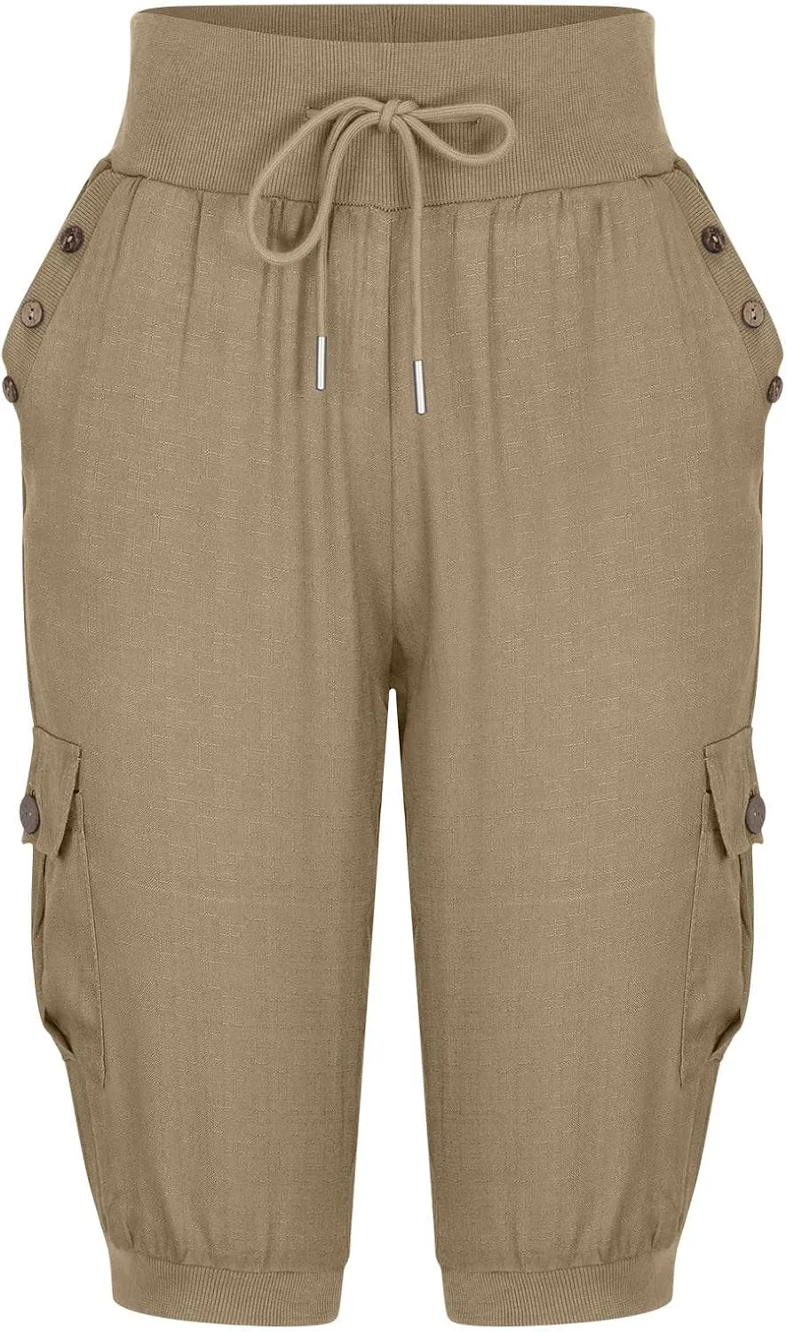 MINzYI Linen Pants for Women High Waisted Wide Leg Capris Summer Casual Button Elastic Waist Cropped Trousers with Pockets