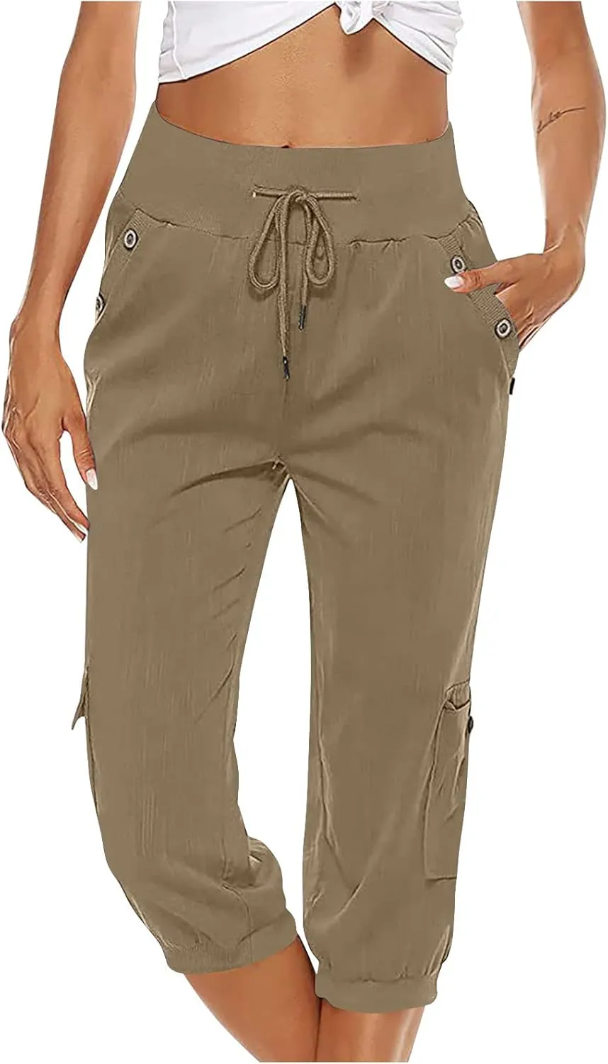 MINzYI Linen Pants for Women High Waisted Wide Leg Capris Summer Casual Button Elastic Waist Cropped Trousers with Pockets
