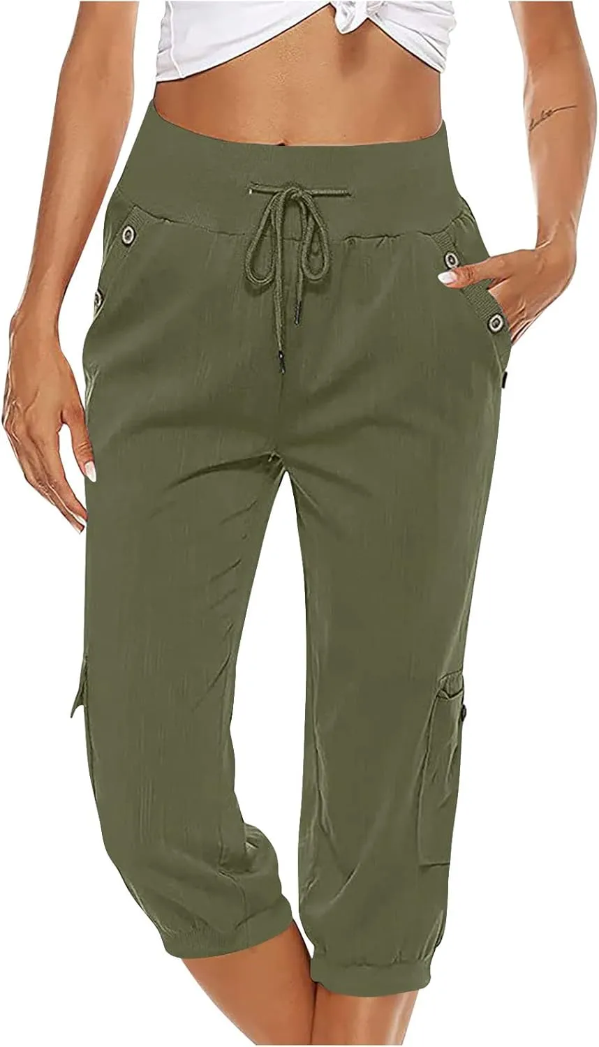 MINzYI Linen Pants for Women High Waisted Wide Leg Capris Summer Casual Button Elastic Waist Cropped Trousers with Pockets