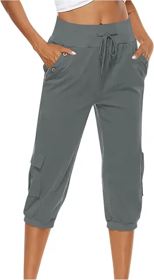 MINzYI Linen Pants for Women High Waisted Wide Leg Capris Summer Casual Button Elastic Waist Cropped Trousers with Pockets