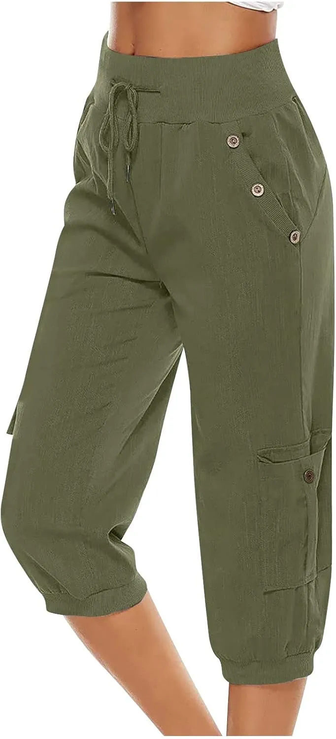 MINzYI Linen Pants for Women High Waisted Wide Leg Capris Summer Casual Button Elastic Waist Cropped Trousers with Pockets