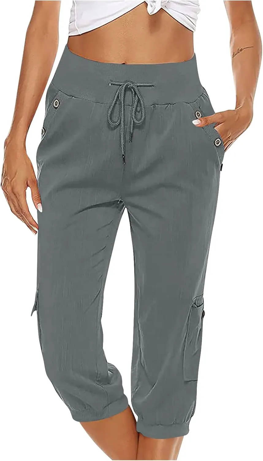 MINzYI Linen Pants for Women High Waisted Wide Leg Capris Summer Casual Button Elastic Waist Cropped Trousers with Pockets