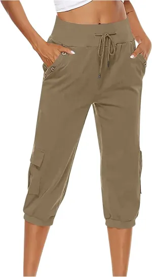 MINzYI Linen Pants for Women High Waisted Wide Leg Capris Summer Casual Button Elastic Waist Cropped Trousers with Pockets