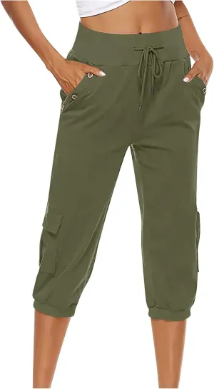 MINzYI Linen Pants for Women High Waisted Wide Leg Capris Summer Casual Button Elastic Waist Cropped Trousers with Pockets