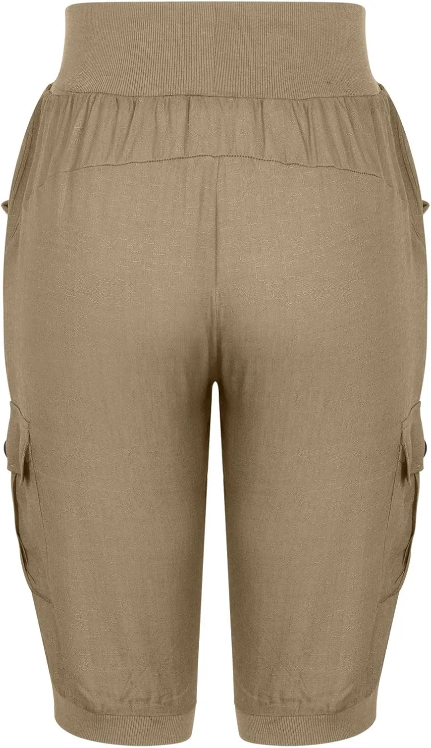 MINzYI Linen Pants for Women High Waisted Wide Leg Capris Summer Casual Button Elastic Waist Cropped Trousers with Pockets