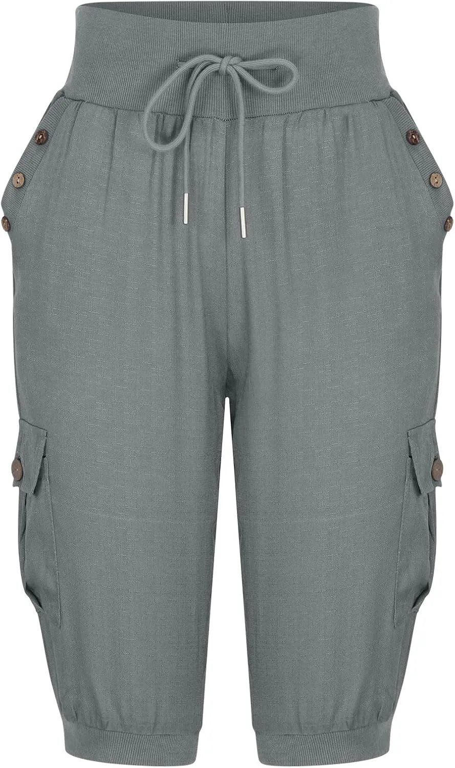 MINzYI Linen Pants for Women High Waisted Wide Leg Capris Summer Casual Button Elastic Waist Cropped Trousers with Pockets