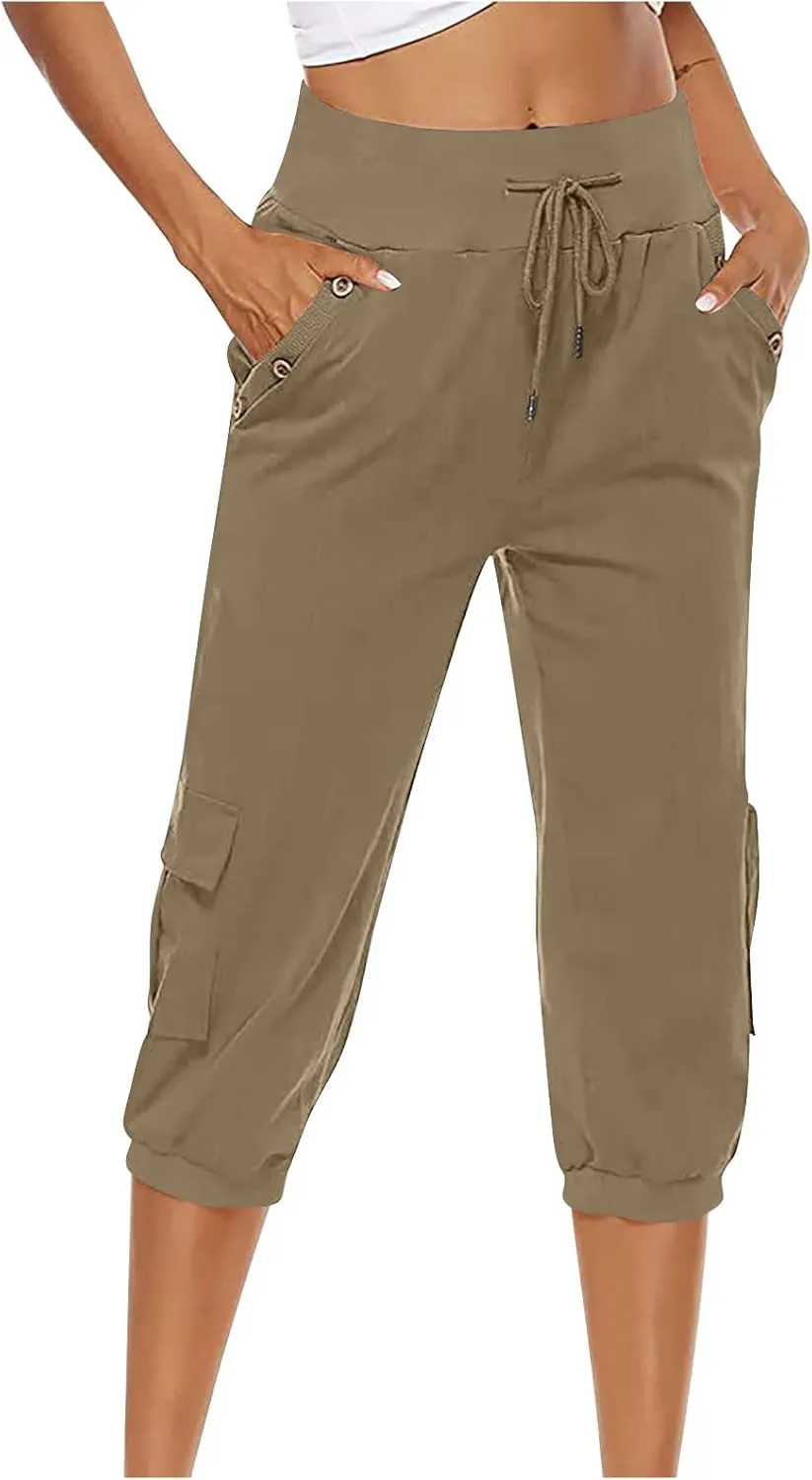 MINzYI Linen Pants for Women High Waisted Wide Leg Capris Summer Casual Button Elastic Waist Cropped Trousers with Pockets