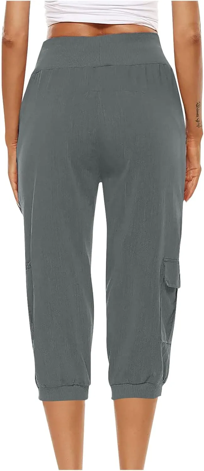 MINzYI Linen Pants for Women High Waisted Wide Leg Capris Summer Casual Button Elastic Waist Cropped Trousers with Pockets
