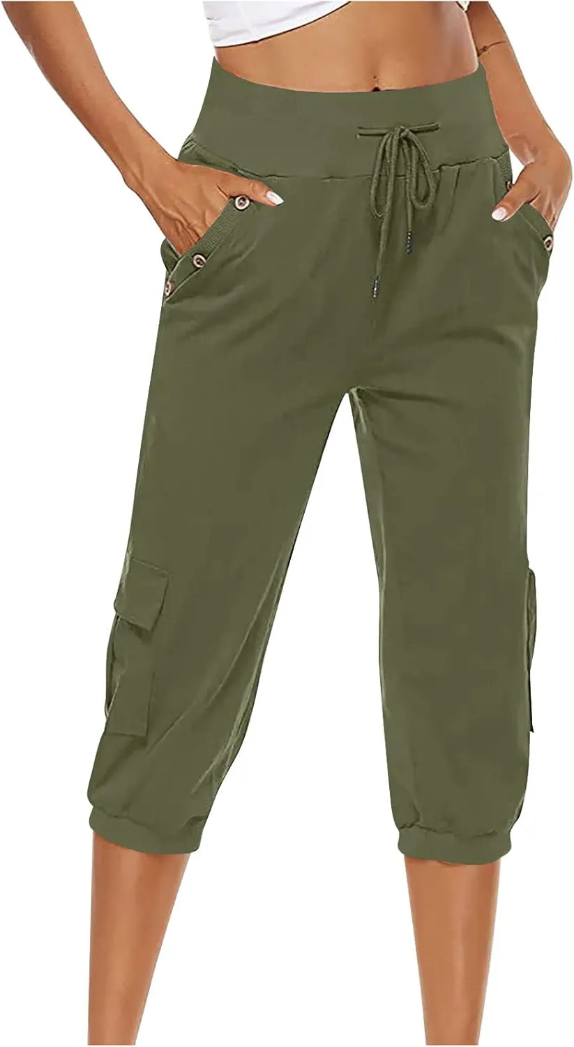 MINzYI Linen Pants for Women High Waisted Wide Leg Capris Summer Casual Button Elastic Waist Cropped Trousers with Pockets