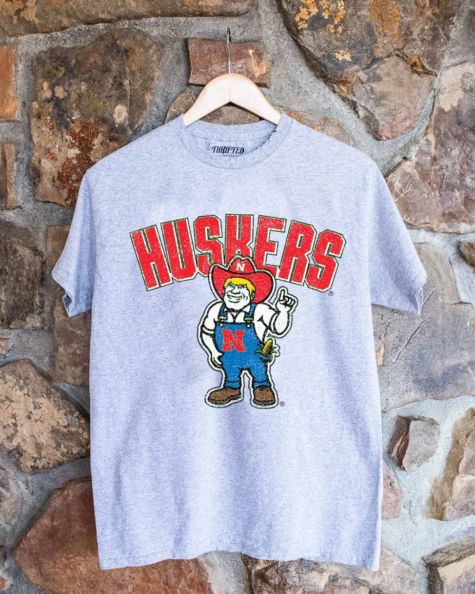 Nebraska Huskers Cartoon Mascot Gray Thrifted Tee