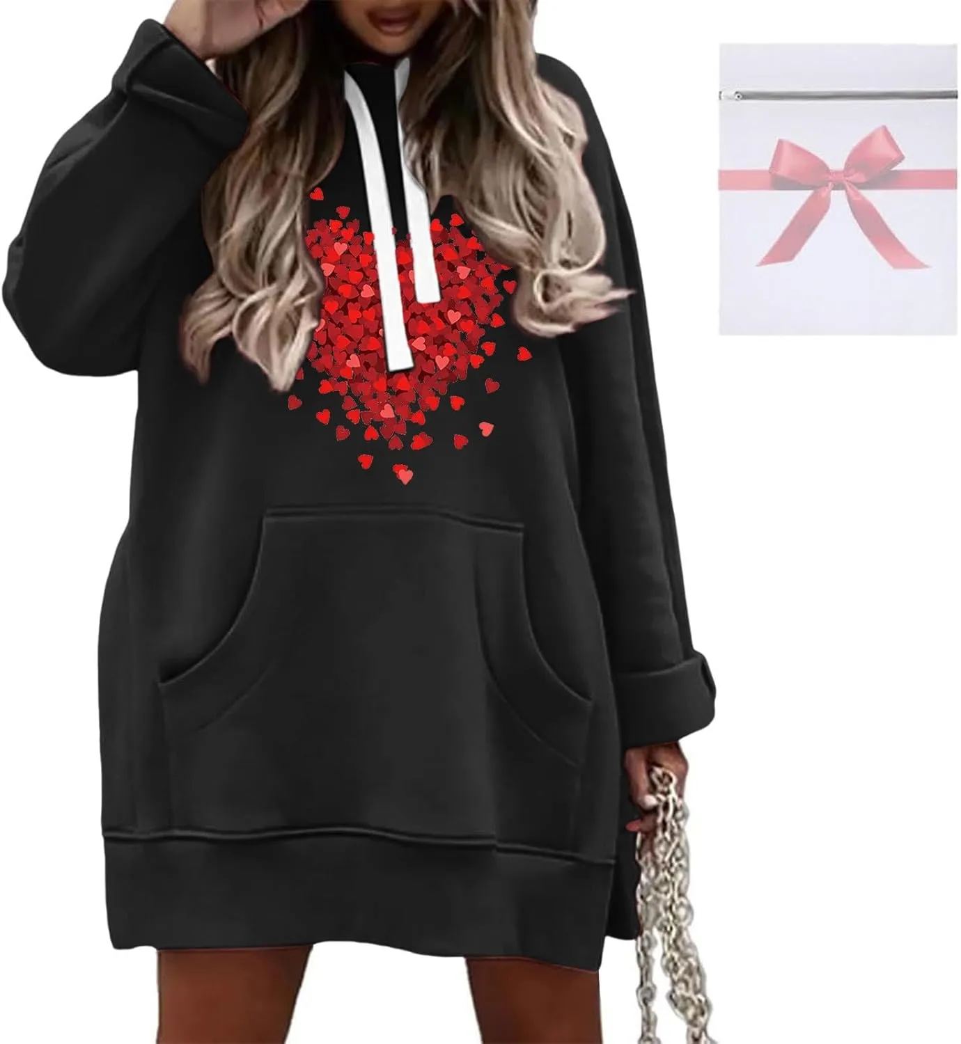 Oversized Hoodie Dress for Women Casual Drawstring Long Sweatshirt with Pocket Bow love Graphic Print Split Hem Shirt