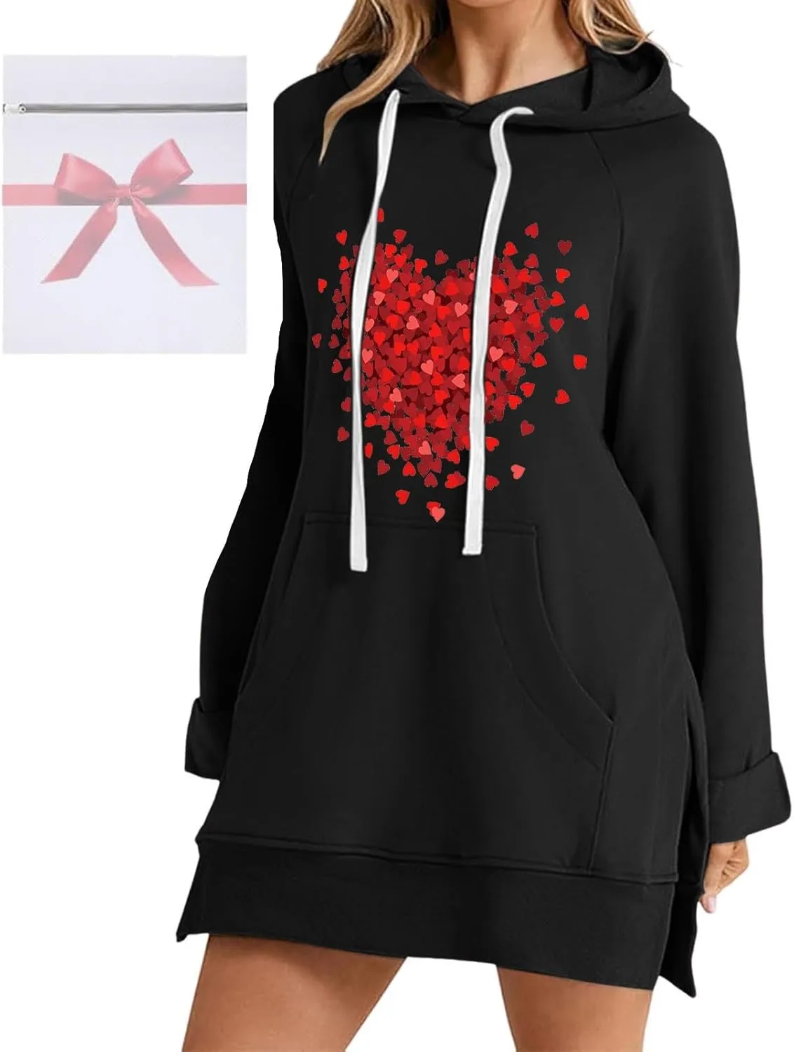 Oversized Hoodie Dress for Women Casual Drawstring Long Sweatshirt with Pocket Bow love Graphic Print Split Hem Shirt