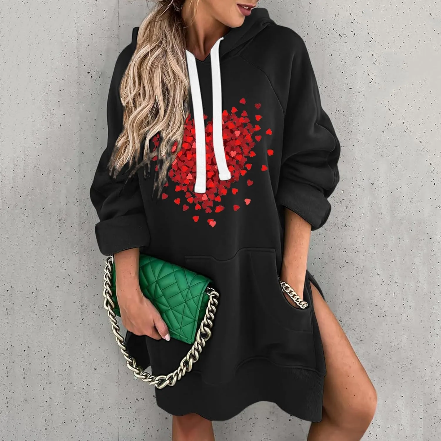 Oversized Hoodie Dress for Women Casual Drawstring Long Sweatshirt with Pocket Bow love Graphic Print Split Hem Shirt