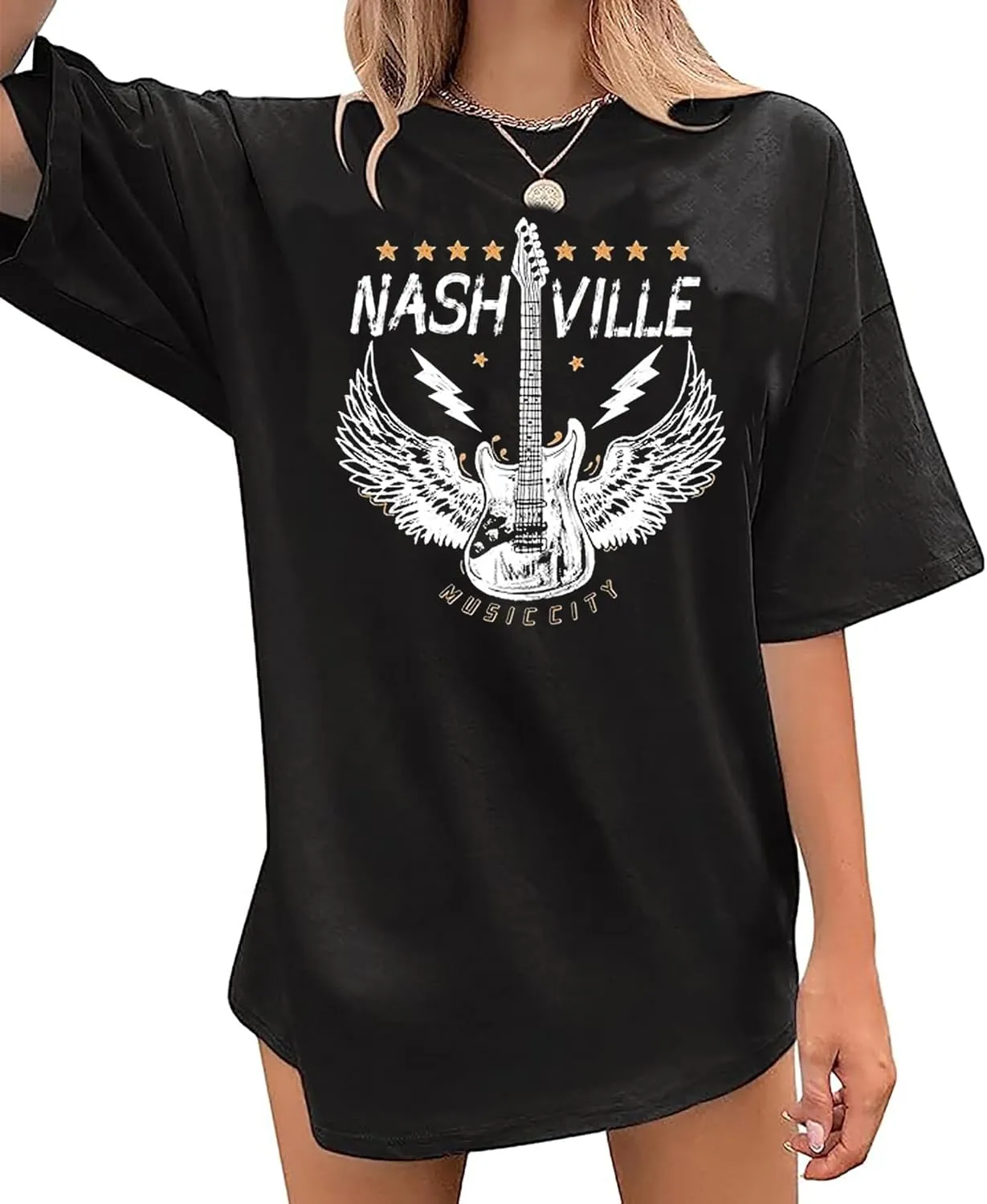 Oversized Rock Band T-Shirt Women Country Music Shirt Tops Nashville Music City Tshirt Vintage Guitar Wings Graphic Tees