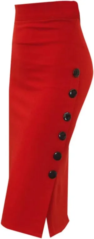 Pencil Skirt for Women Elastic High Waist Button Slit Business Work Bodycon Skirts Tummy Control Knee Length Midi Dress