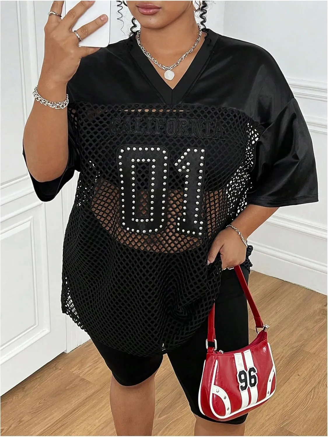 SOLY HUX Women's Plus Size Jersey Shirts Lace Sheer V Neck Half Sleeve Number Graphic Tees Casual T Shirt