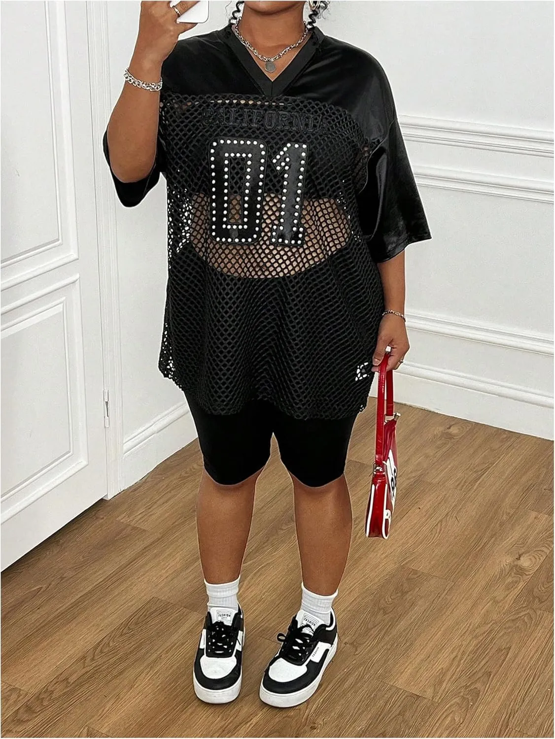 SOLY HUX Women's Plus Size Jersey Shirts Lace Sheer V Neck Half Sleeve Number Graphic Tees Casual T Shirt
