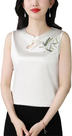 Spring Summer Tank Tops Women Satin Camisole Slim Fit Sleeveless Retro Embroidered Vest Shirt