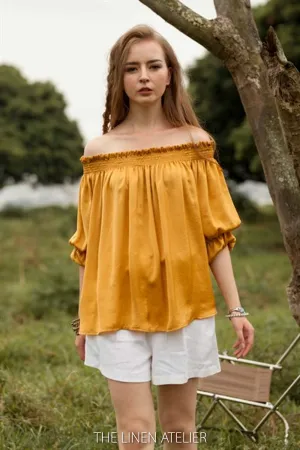TELSA Off The Shoulder Smoked Silk Blouse
