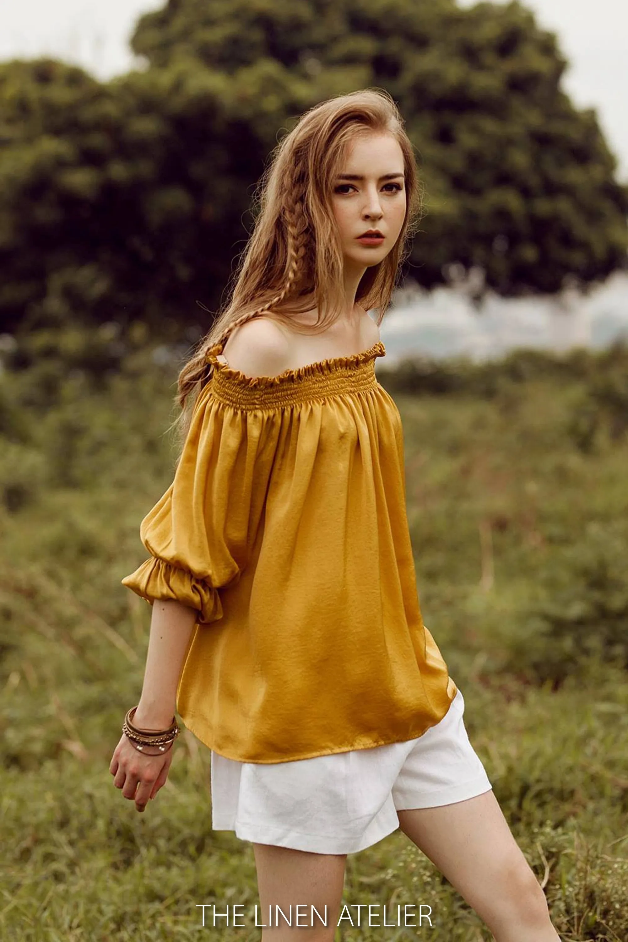 TELSA Off The Shoulder Smoked Silk Blouse