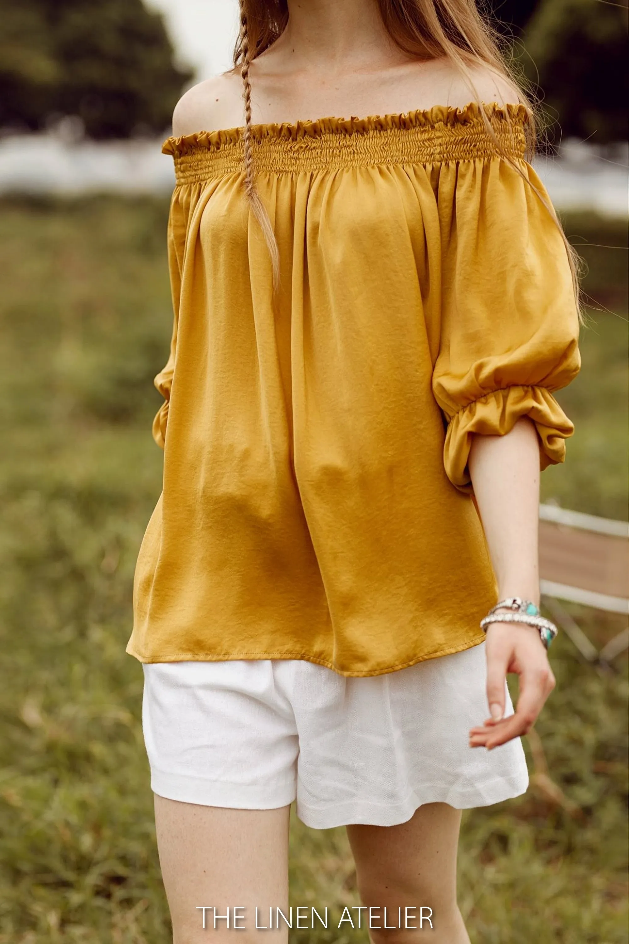 TELSA Off The Shoulder Smoked Silk Blouse