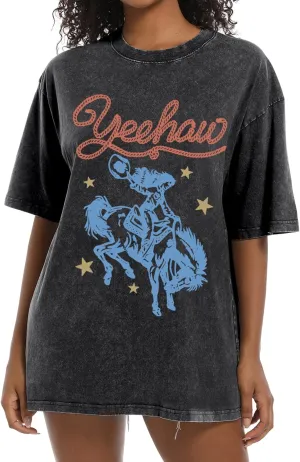 Western Shirts for Women Vintage Cowgirl Shirt Oversized Rodeo Cowboy Graphic Tees Country Concert Short Sleeve Tops