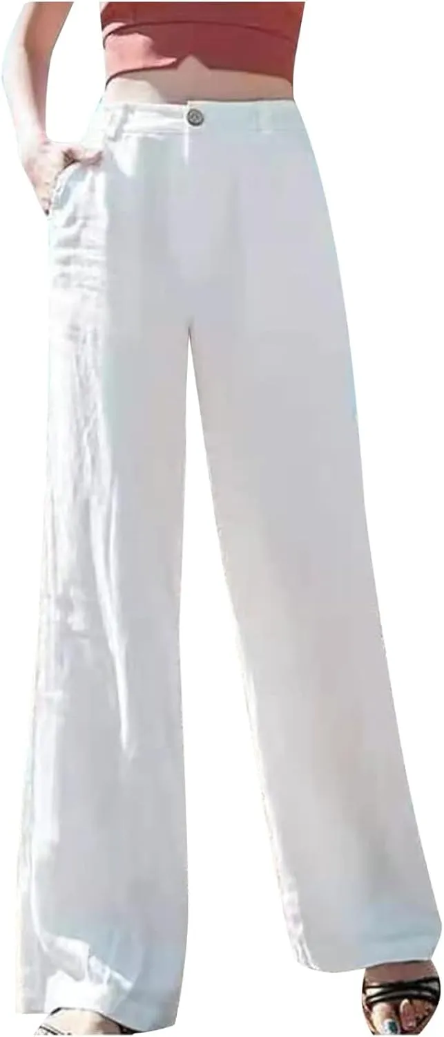 Wide Leg Linen Pants for Women Summer High Waist Loose Breathable Casual Pants Resort Wear Lightweight Skinny Trousers