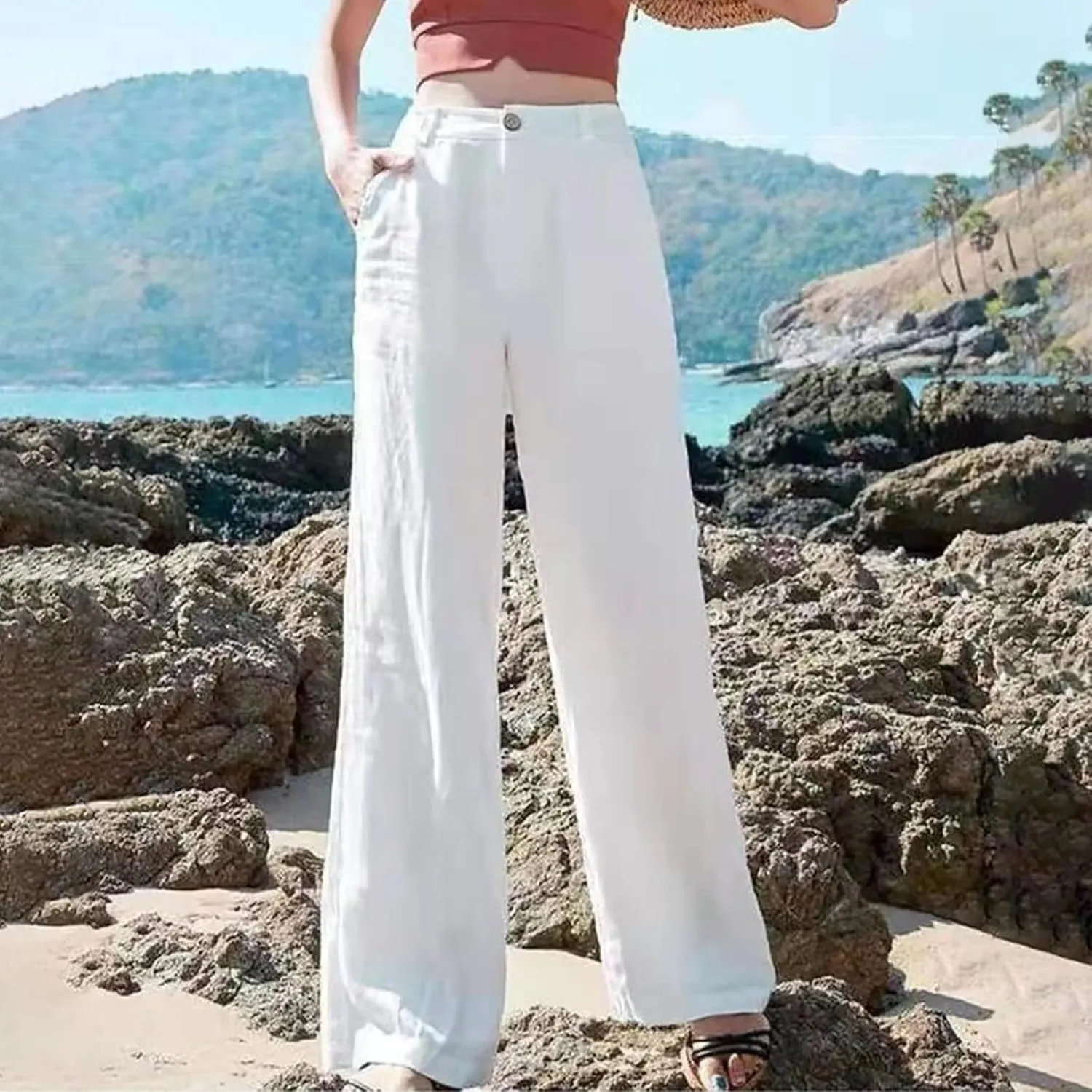 Wide Leg Linen Pants for Women Summer High Waist Loose Breathable Casual Pants Resort Wear Lightweight Skinny Trousers