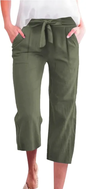 Women Capri Pants Casual Summer Loose Wide Leg Linen Pants Trendy Tie Belt Elastic Waist Cropped Trouser with Pockets