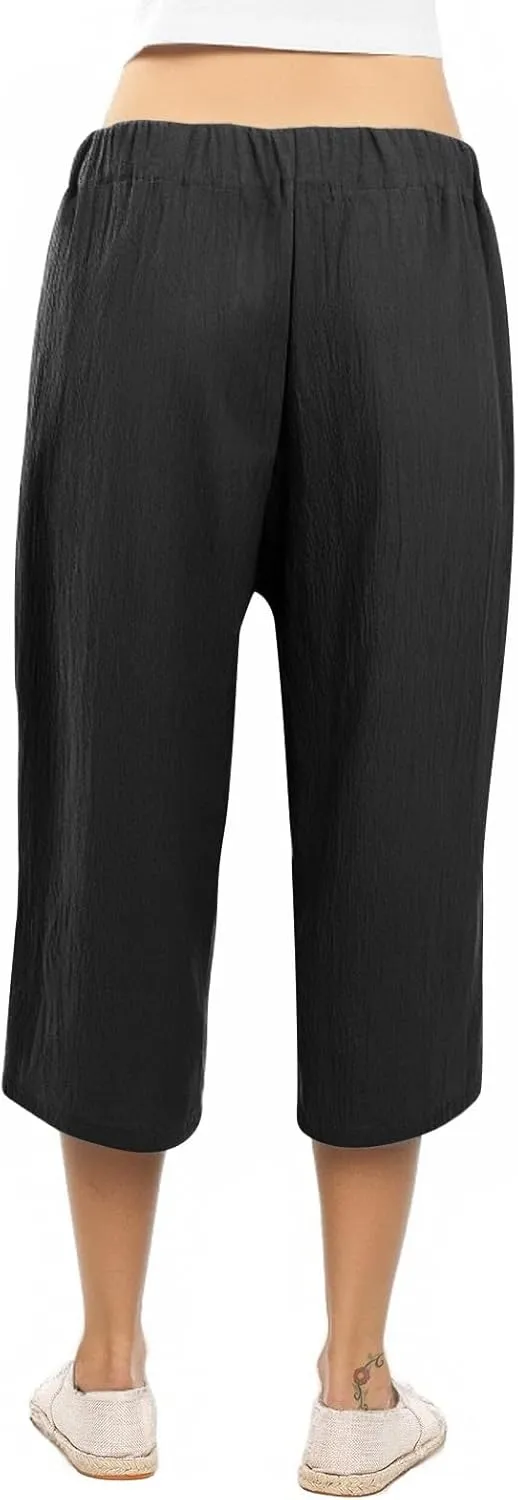 Women Capri Pants Casual Summer Loose Wide Leg Linen Pants Trendy Tie Belt Elastic Waist Cropped Trouser with Pockets