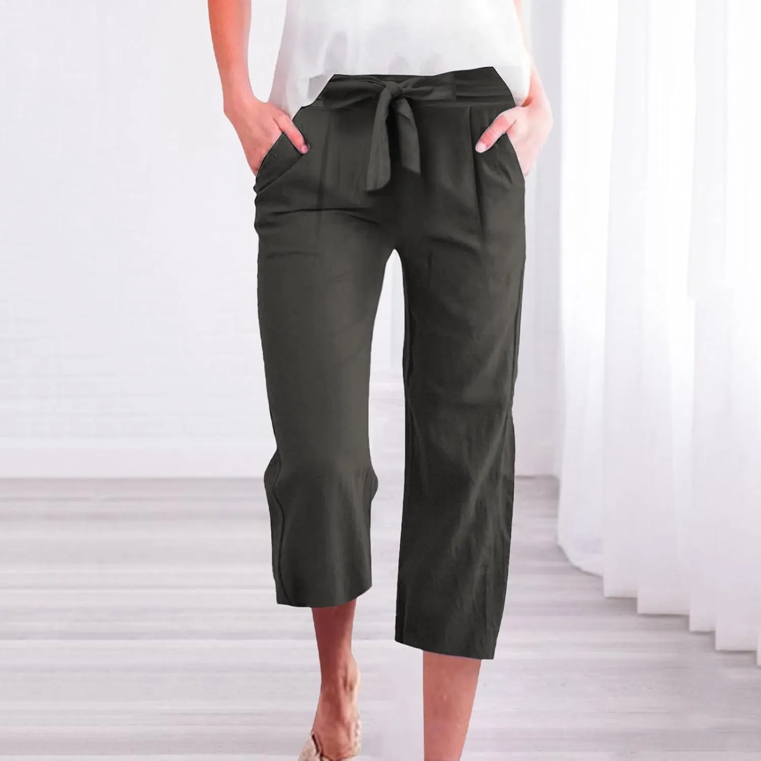 Women Capri Pants Casual Summer Loose Wide Leg Linen Pants Trendy Tie Belt Elastic Waist Cropped Trouser with Pockets