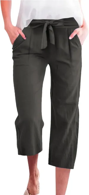 Women Capri Pants Casual Summer Loose Wide Leg Linen Pants Trendy Tie Belt Elastic Waist Cropped Trouser with Pockets