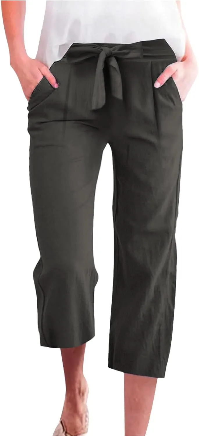 Women Capri Pants Casual Summer Loose Wide Leg Linen Pants Trendy Tie Belt Elastic Waist Cropped Trouser with Pockets