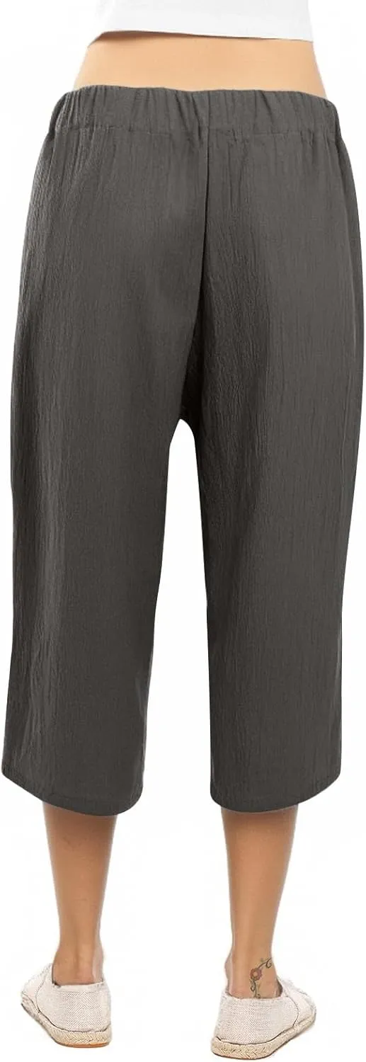 Women Capri Pants Casual Summer Loose Wide Leg Linen Pants Trendy Tie Belt Elastic Waist Cropped Trouser with Pockets