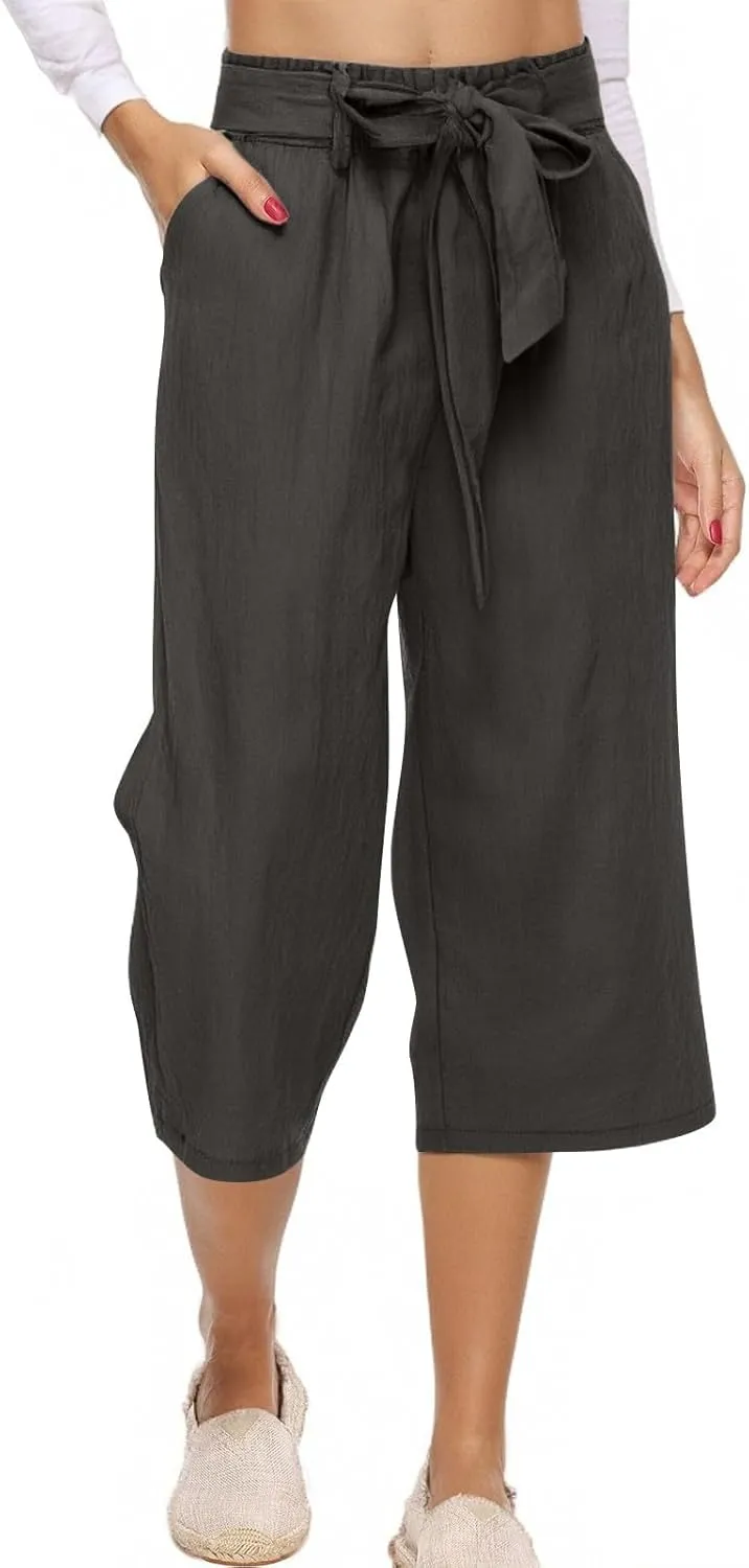 Women Capri Pants Casual Summer Loose Wide Leg Linen Pants Trendy Tie Belt Elastic Waist Cropped Trouser with Pockets
