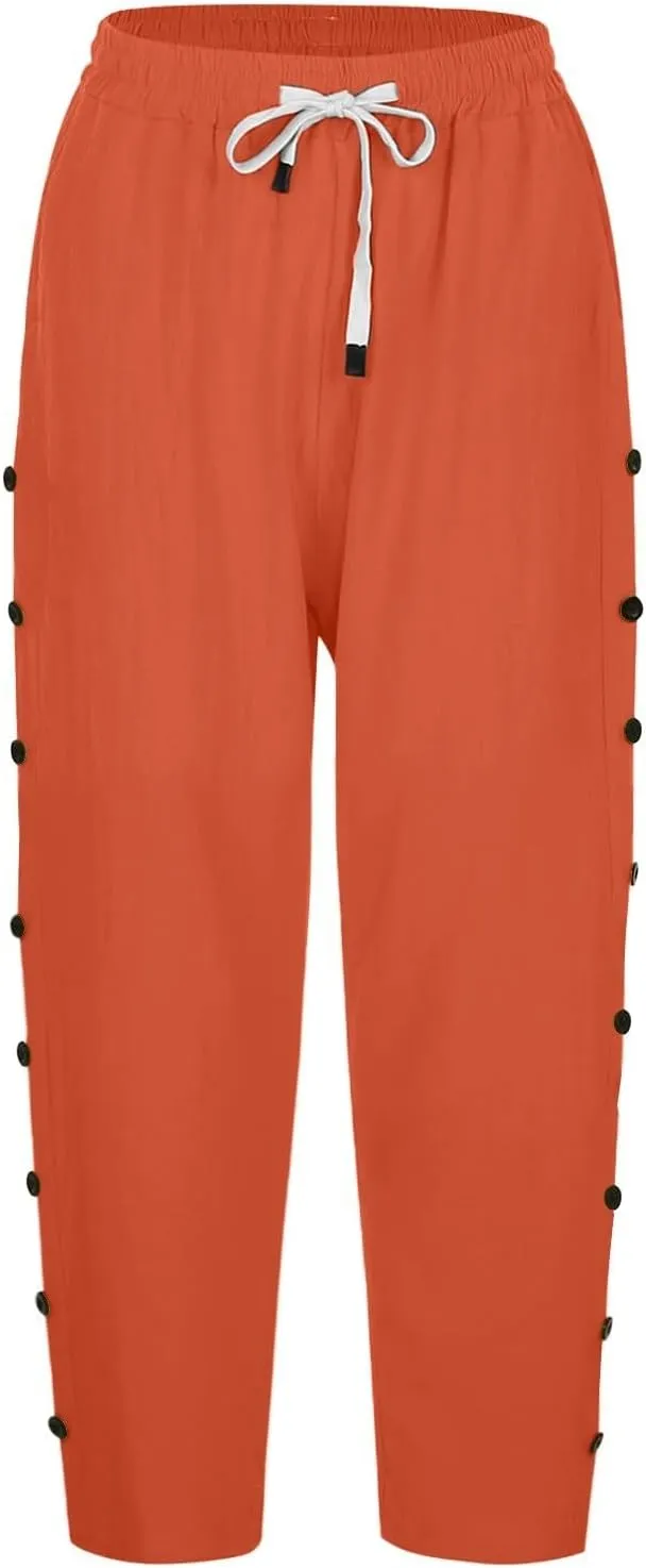 Women Capri Pants Casual Summer Wide Leg Cotton Linen Cropped Trouser with Pockets Elastic High Waisted Loose Capris