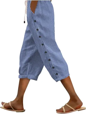 Women Capri Pants Casual Summer Wide Leg Cotton Linen Cropped Trouser with Pockets Elastic High Waisted Loose Capris