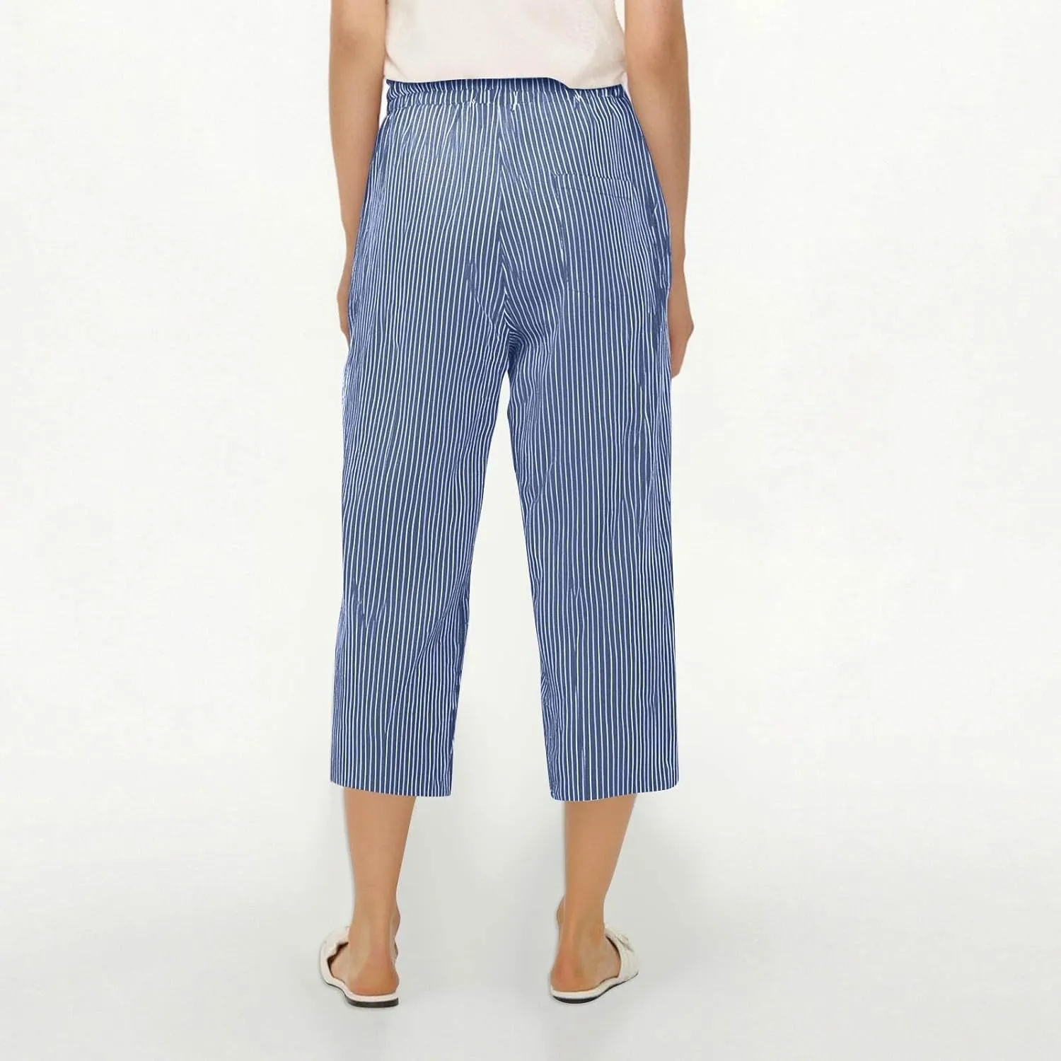 Women Capri Pants Casual Summer Wide Leg Cotton Linen Cropped Trouser with Pockets Elastic High Waisted Loose Capris