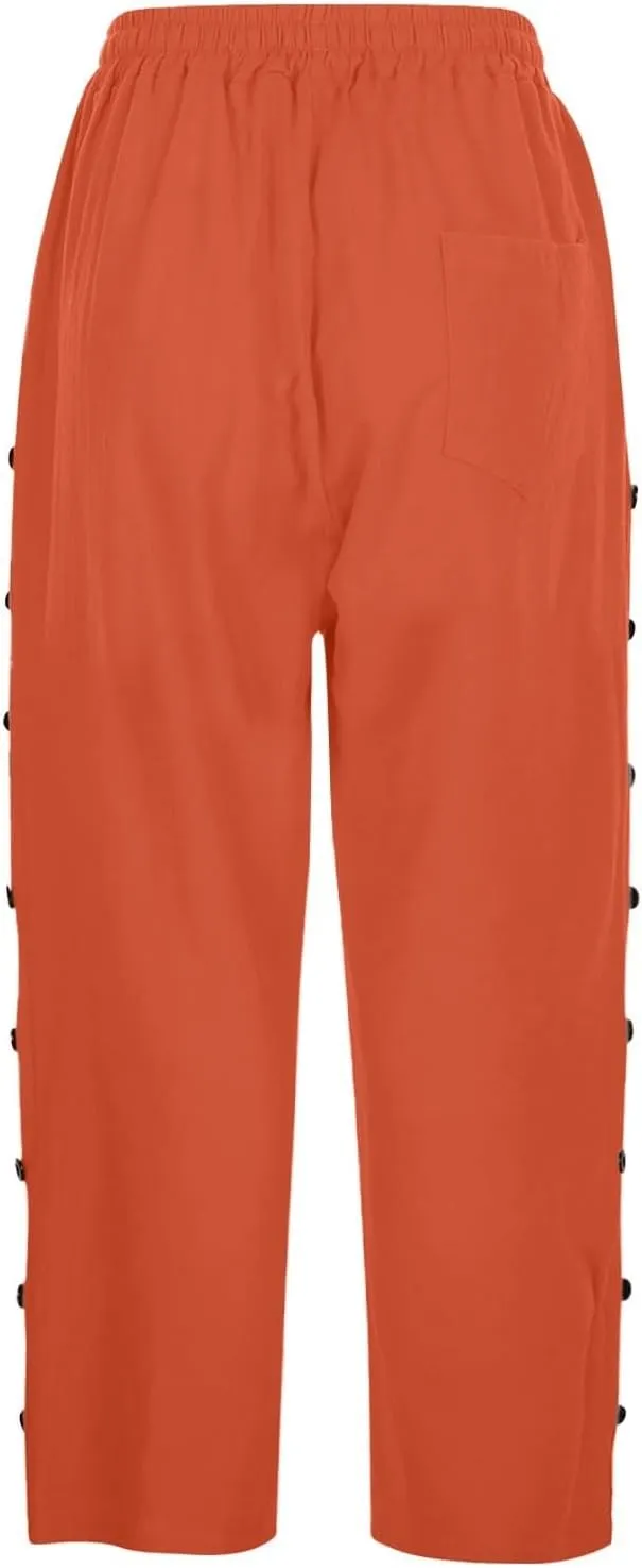 Women Capri Pants Casual Summer Wide Leg Cotton Linen Cropped Trouser with Pockets Elastic High Waisted Loose Capris