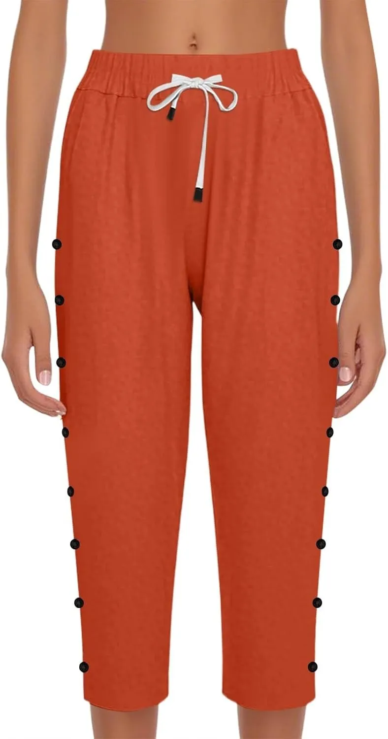 Women Capri Pants Casual Summer Wide Leg Cotton Linen Cropped Trouser with Pockets Elastic High Waisted Loose Capris