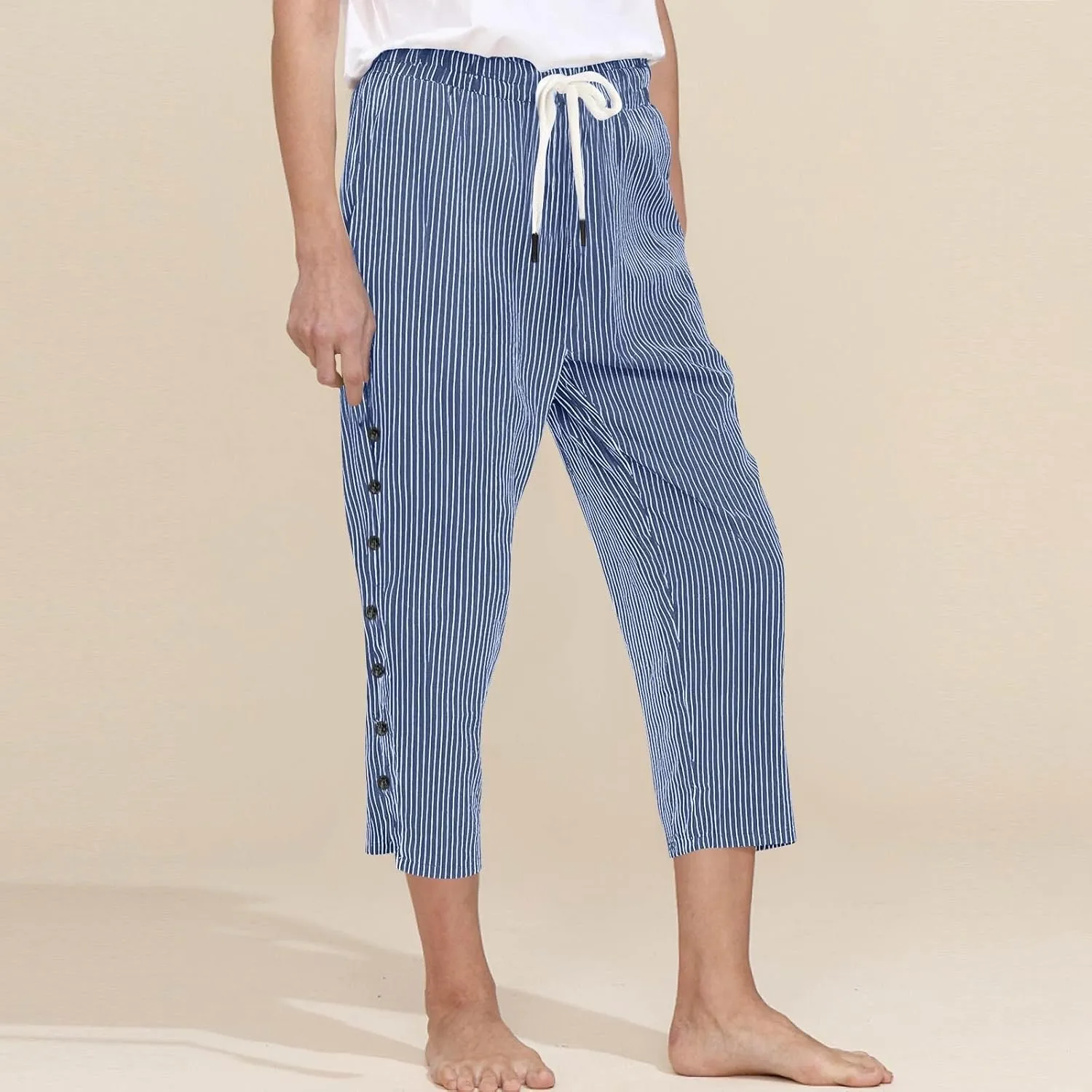 Women Capri Pants Casual Summer Wide Leg Cotton Linen Cropped Trouser with Pockets Elastic High Waisted Loose Capris
