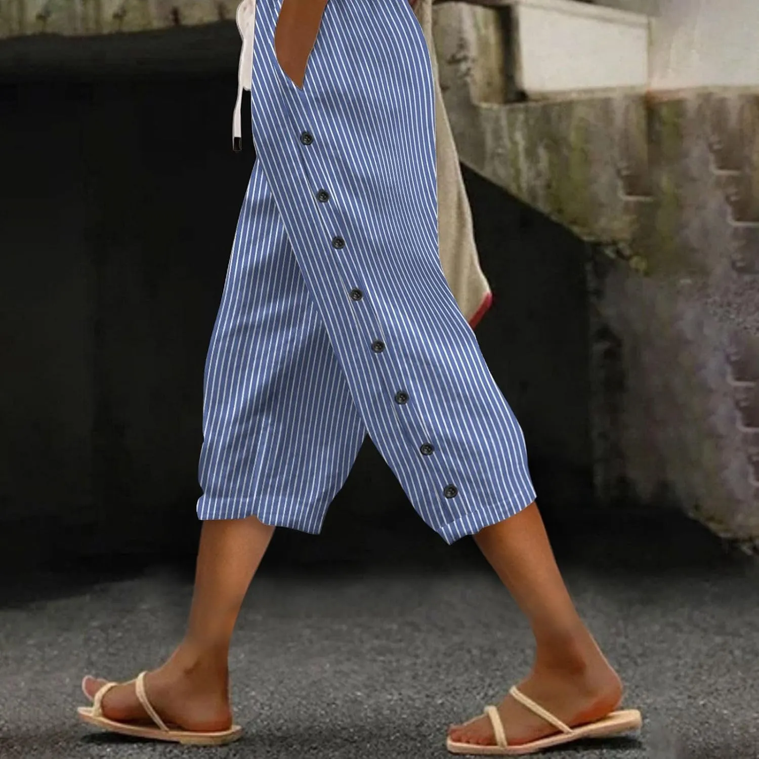 Women Capri Pants Casual Summer Wide Leg Cotton Linen Cropped Trouser with Pockets Elastic High Waisted Loose Capris