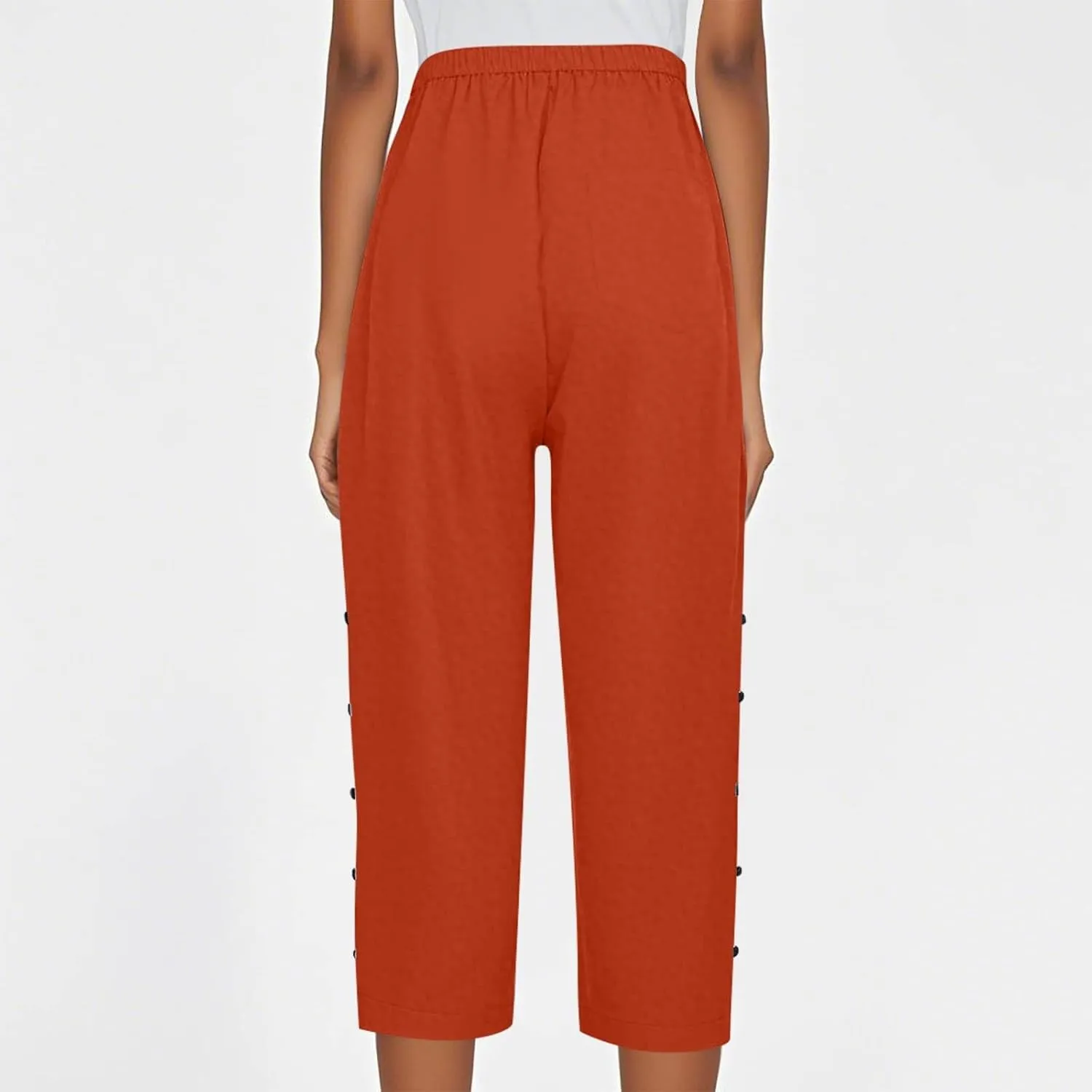 Women Capri Pants Casual Summer Wide Leg Cotton Linen Cropped Trouser with Pockets Elastic High Waisted Loose Capris