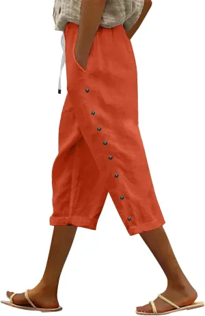 Women Capri Pants Casual Summer Wide Leg Cotton Linen Cropped Trouser with Pockets Elastic High Waisted Loose Capris
