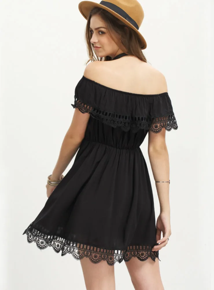 Women Sexy Slash Neck White Black Lace Patchwork Dress