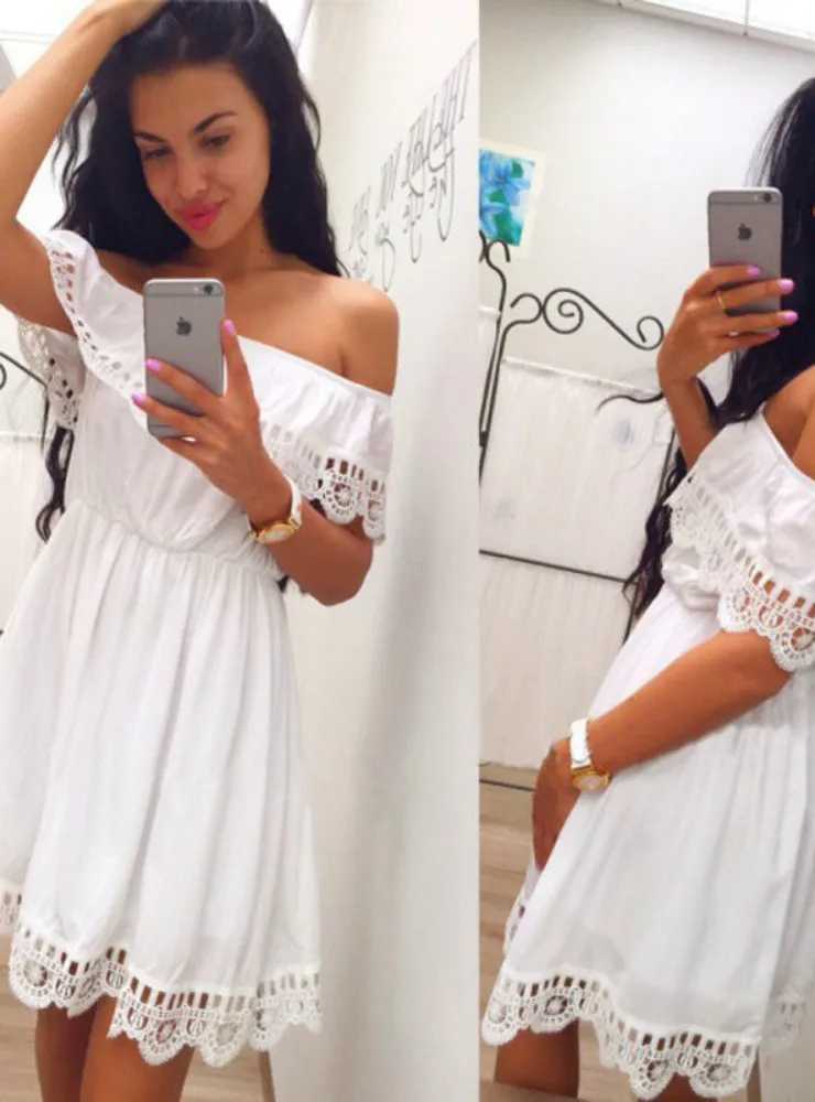 Women Sexy Slash Neck White Black Lace Patchwork Dress