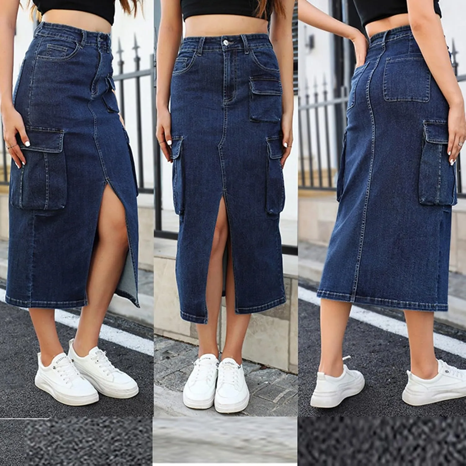 Women Split Front Cargo Denim Skirt Y2K High Waist Slim Fit Pencil Skirts Vintage Streetwear Midi Skirt with Pockets