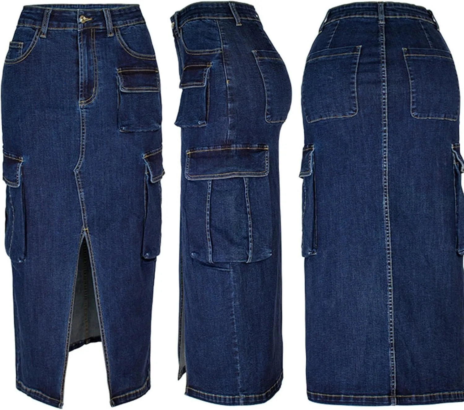 Women Split Front Cargo Denim Skirt Y2K High Waist Slim Fit Pencil Skirts Vintage Streetwear Midi Skirt with Pockets